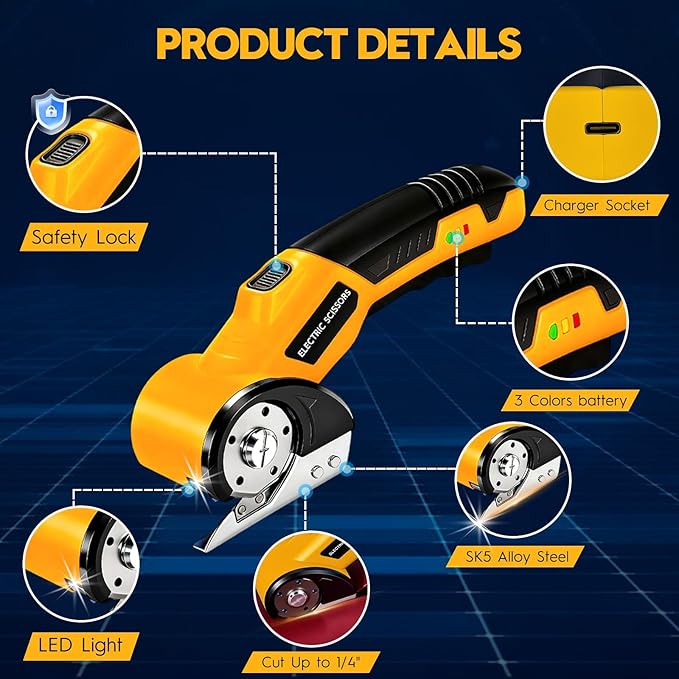  [AUSTRALIA] - 2026 New 3000mAh Cardboard Box Cutter with 2 Titanium Blades, Cordless Electric Scissors with Safety Lock & LED Light, Storage Box, 300RPM, 4V, Cutter for Fabric Carpet Carton Plastic Leather Cloth Yellow-orange 2