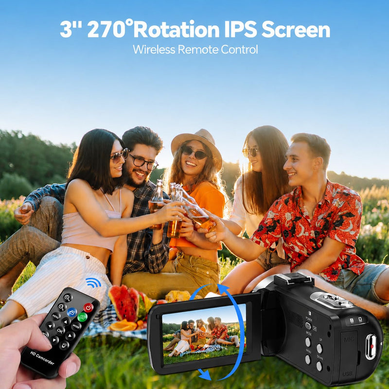 Camcorder Video Camera 4K, 42MP Digital Camera for Vlogging, 3" 270° Rotating Screen 18X Digital Zoom Video Recorder for YouTube Beginners with Remote Control, 2 Batteries, 32GB SD Card black
