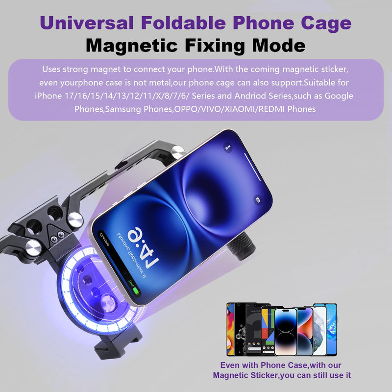 OPC01 Foldable Phone Cage Handheld Stabilizer,Foldable Magnetic Smartphone Cage with Handle and Magnetic Sticker for iPhone 17/16/15/14/13/12/11/10 Series and Andriod Phones for Photographer