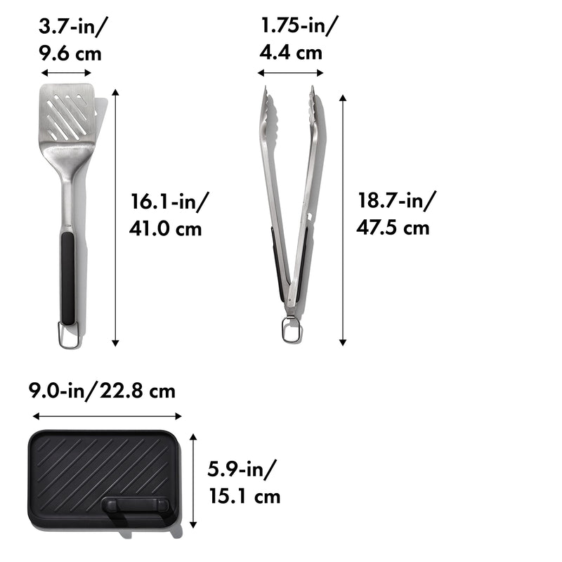 OXO Good Grips Grilling Tools, 3pc Set-Tongs, Turner Rest, Black 3pc Set - Tongs, Turner and Tool Rest