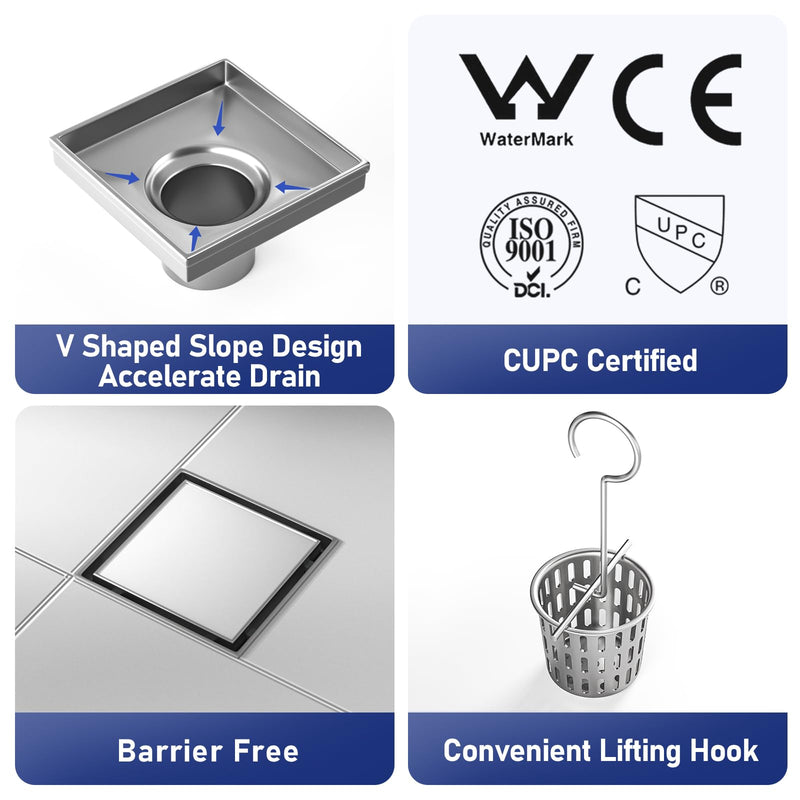 Square Shower Drain 4" with 2" PVC Flange Base, 304 Stainless Steel Tile in Floor Drain w/Tiled Insert Grate & Hair Catcher, CUPC Certified, Brushed (Brushed, 4'') 4''