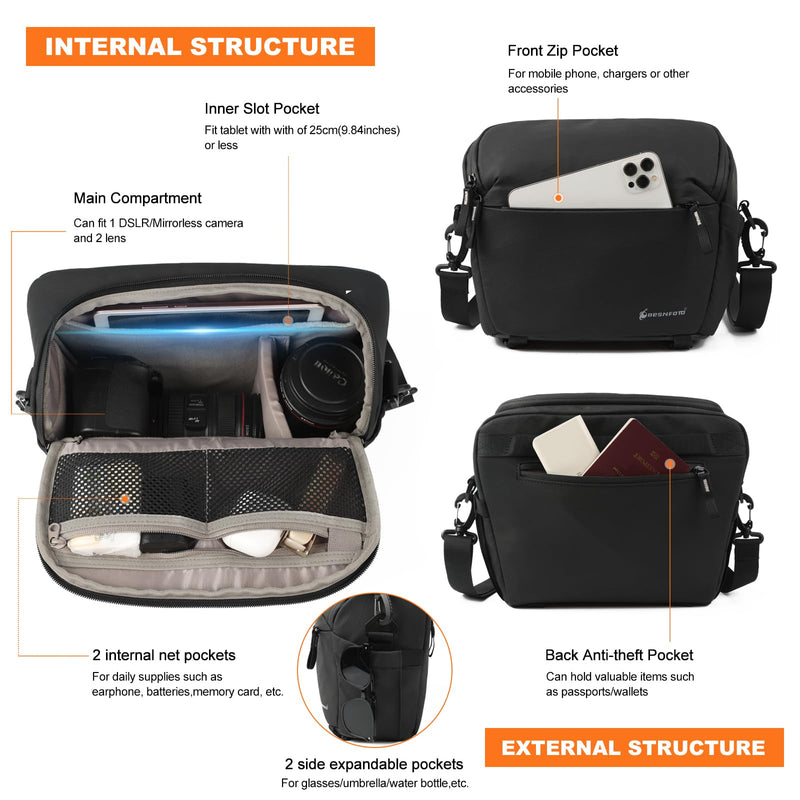 Camera Bag Crossbody Waterproof Sling Purse Case Small Photography Shoulder Messenger Bag Backpack with Tripod Holder for DSLR SLR Mirrorless Camera Black