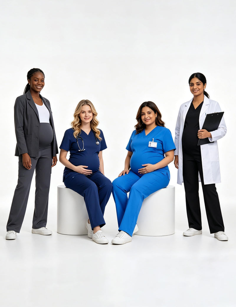 QBK Women's Maternity Scrub Pants Straight Cargo Work Pants with 6 Pockets 4-Way Stretch Regular Medium Black