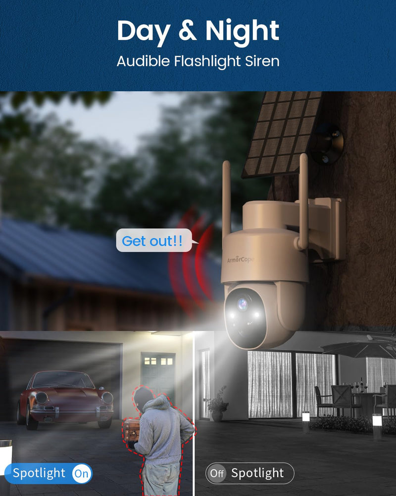 Solar Security Cameras Wireless Outdoor,360° View Battery Powered with Spotlight Color Night Vision,2K WiFi Home Security,PIR Sensor,Wireless Easy Install, 2.4 GHz Wi-Fi White WiFi 1 Pack