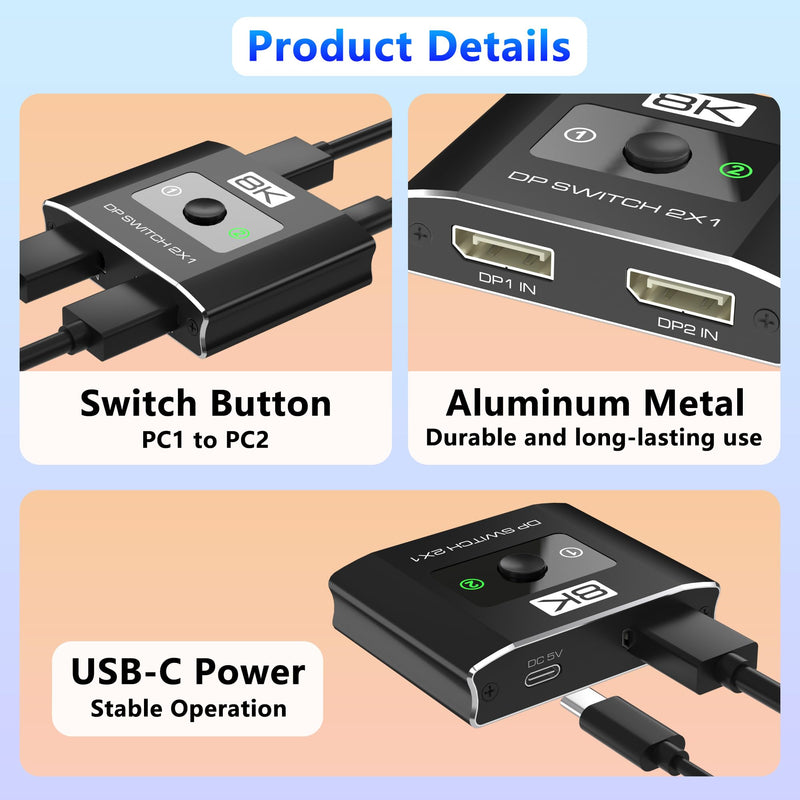 Displayport Switch 2-in-1-out, 8K@60Hz, 4K@120Hz, Resolution DP 1.4 DisplayPort Switcher Selector Box, DSC Support, Display Port Switcher Compatible with Computers, Laptop, Desktop，Monitor，TV