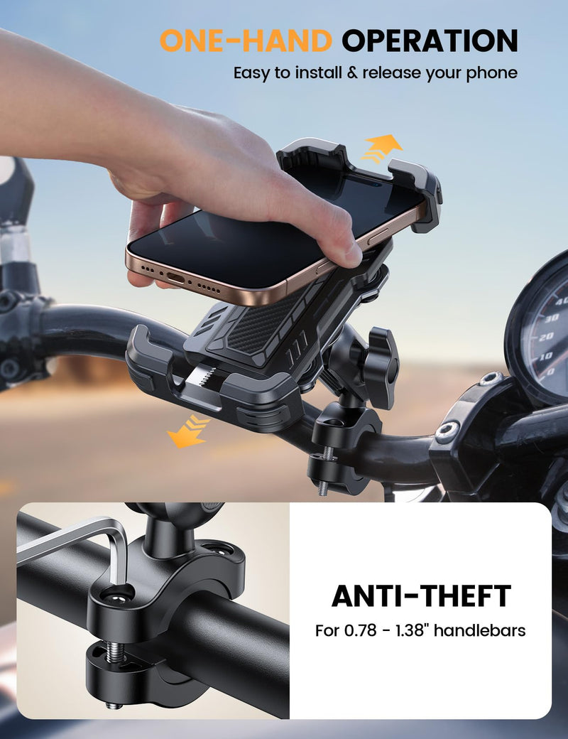 Lamicall Motorcycle Phone Mount Holder - [Metal Extension Arm] [Dual Vibration Dampener] Motorcycle Cell Phone Mount, Bike Bicycle Handlebar Phone Clamp, for iPhone 16/15/ 14 Pro Max, 4.7-6.7" Phones