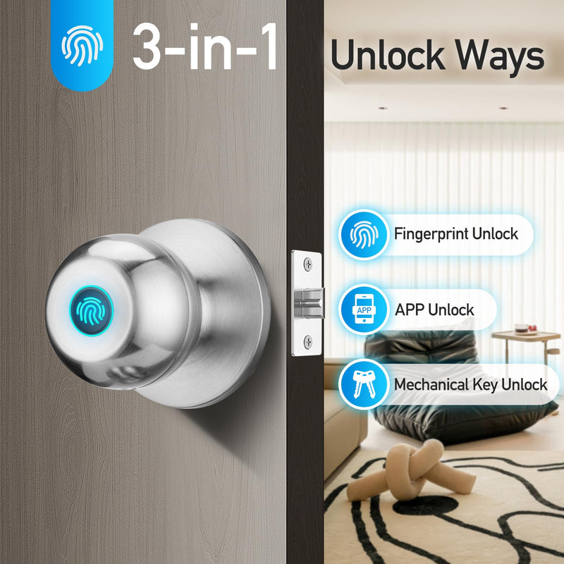 Fingerprint Door Lock, Smart Door Knob with Lock, Biometric Door Lock | Keyless Door Locks for Bedrooms, Front Door, Home, Finger Print Door Knobs Satin Nickel, 1 Pack 1 Piece Fingerprint