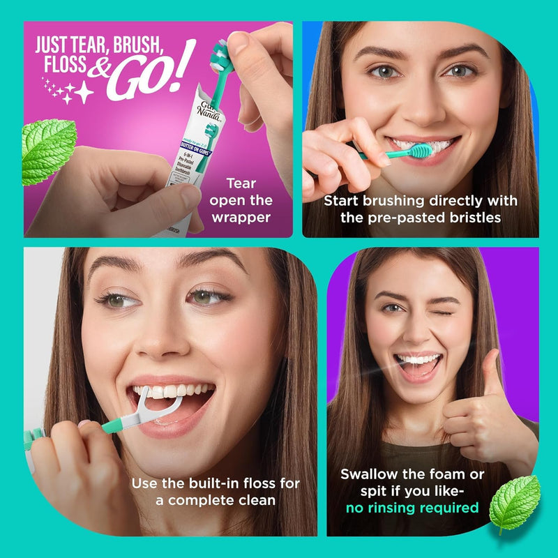 GuruNanda Mini Disposable Toothbrushes with Toothpaste, Tongue Scraper, Floss & Toothpick - 6-in-1 Ready-to-Go Prepasted Travel Toothbrush - Fluoride Free, No Rinsing, Individually Wrapped, 60 Ct 60 Count (Pack of 1)