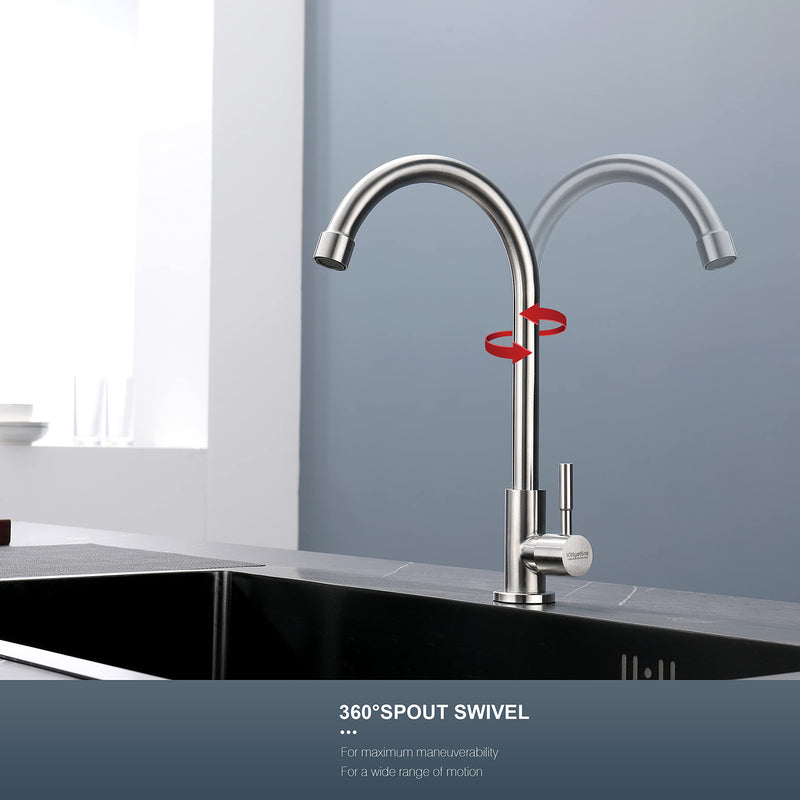 Cold Water Only Kitchen Faucet, Solid Stainless Steel Bar Deck Mount Cold Faucet for Outdoor Sink with Supply Line