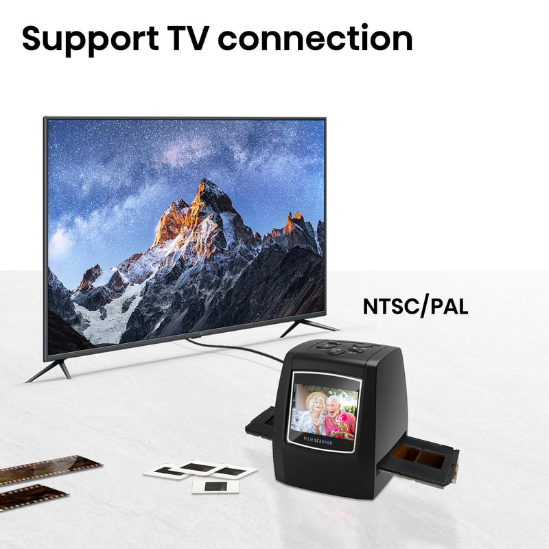 DigitConvert 35mm Film Scanner & Slide Scanner with 2.4" LCD Screen | Converts color and B&W 135 negatives & Slide to JPEG digital; Saves to SD or SDHC card (not included); No Computer Needed Black