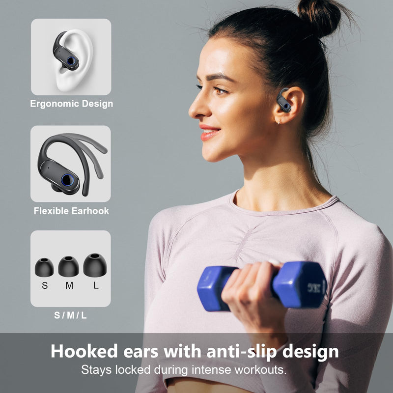 Active Noise Cancelling Ear Buds Wireless Earbuds Dual Battery Display, Bluetooth Headphones with Deep Bass, IPX7 Waterproof, Ultra Light Comfort Wear, Sports Earphones for Running Workout Gym Black Jet Black