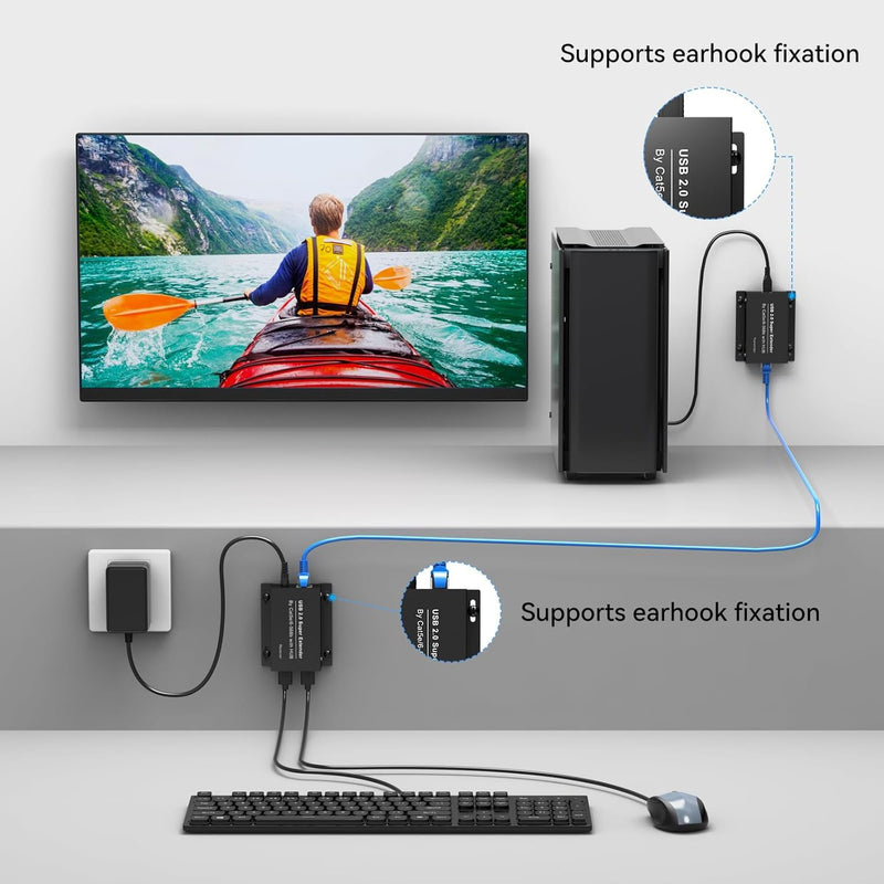 USB Extender Over Ethernet USB 2.0 HUB RJ45 Cat5e/6, 196ft/60m, up to 480Mbps Transfer Rate No Driver Required Supports POC Power Supply, Supports Connecting Keyboard Mouse U Disk Printer etc. Black