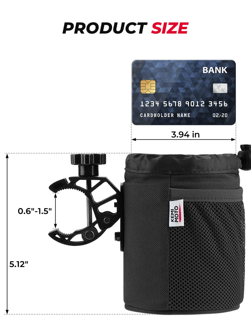 KEMIMOTO Motorcycle Cup Holder, Oxford Fabric Motorcycle Drink Holder with 0.6"-1.5" Alligator Clamp, Universal Water Bottle Cup Accessories for Bike, ATV/UTV, Scooter, Boat, Walker Black 1 PC,Medium