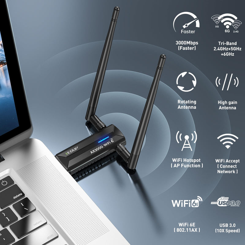 EDUP AX3000M USB 3.0 WiFi 6E Adapter Wireless WiFi Dongle Network Adapter 802.11AX Tri-Band 6GHz/5GHz/2.4GHz Dual 5dBi Antennas for PC Desktop Laptop Compatible with Windows 11/10 64Bits