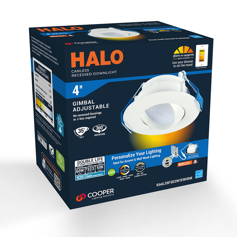 HALO RA 4 in Canless LED Recessed Downlight with Adjustable Gimbal, Selectable Lumens and Selectable Color Temperatures, Dim-to-Warm Technology, Damp Location Rated - RA4LS9FSD2W1EWHDM White