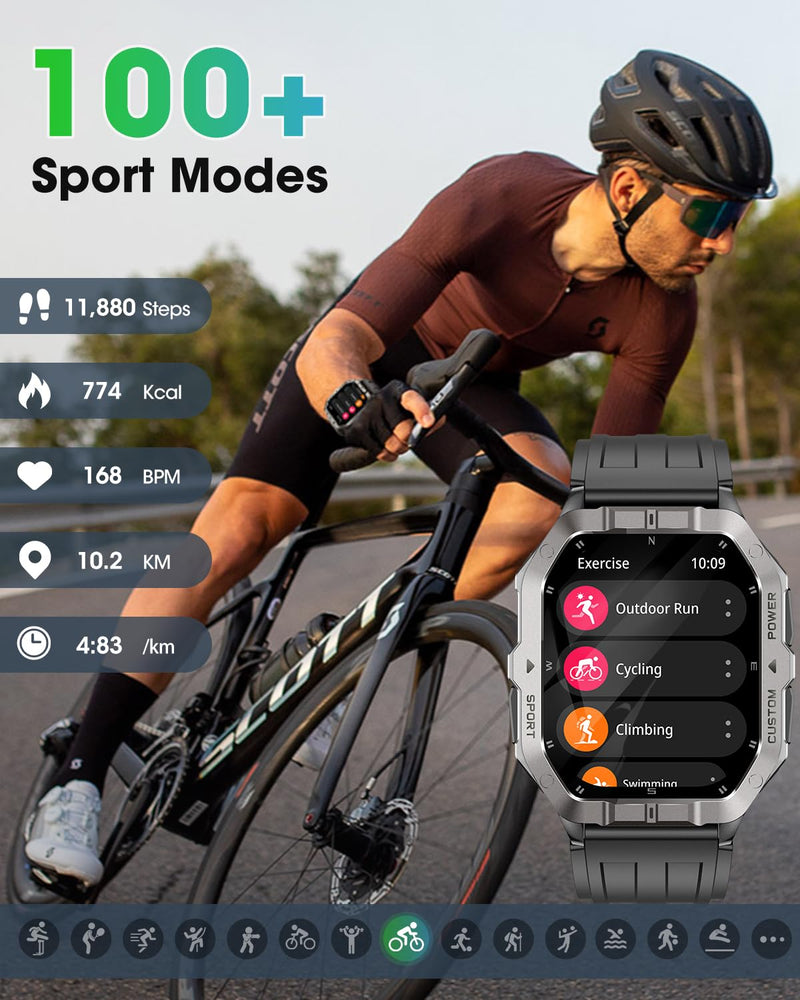 Military Smart Watch Built-in GPS,Bluetooth Calling, for iPhone & Android | 100+ Sport Modes for Men Fitness watch, Smartwatch with Heart Rate & Sleep Tracking, 2ATM Waterproof , Black 2.02"