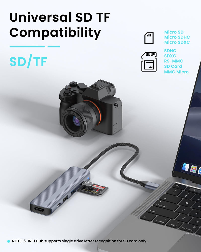 6-in-1 USB C Hub, 4K HDMI, USB 3.0, PD 100W, SD/TF Card Reader, Docking Station for MacBook Pro, MacBook Air, Laptops