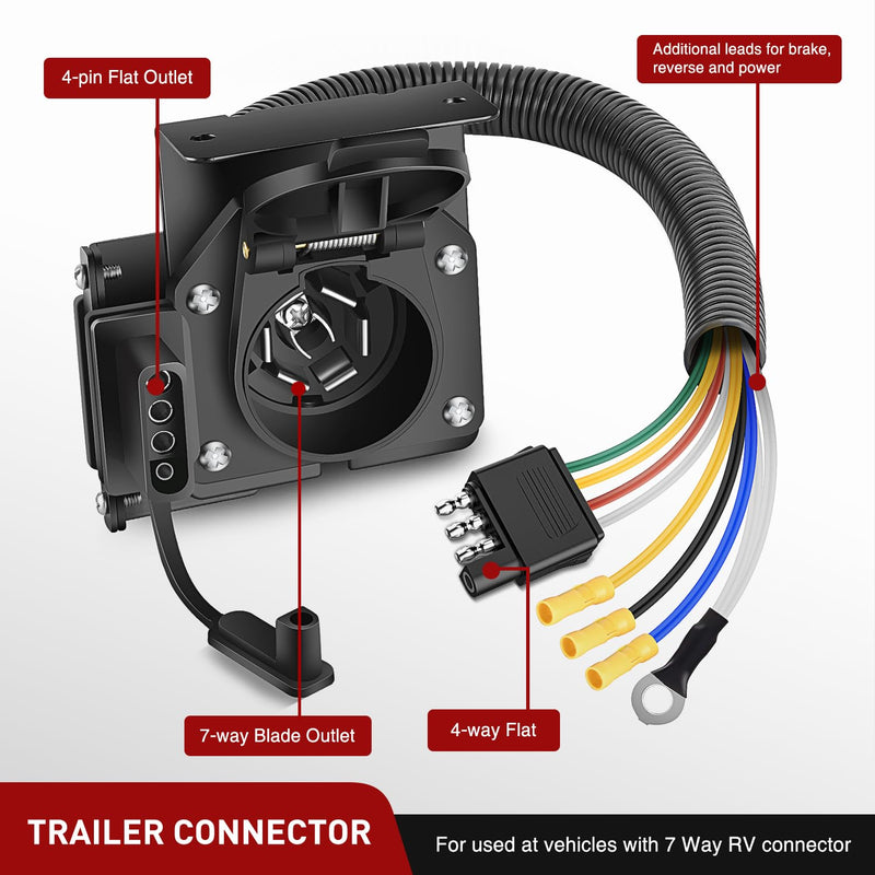 Nilight Dual Output 4 Way Flat Vehicle Side to 7 Way RV Blade Wiring Adapter 4 Pin Flat to 7 Pin Round Blade and 4 Way Trailer Wiring Harness Adapter w/Mounting Bracket for Truck RV Dual Output 4 Way to 7 Way Trailer Adapter