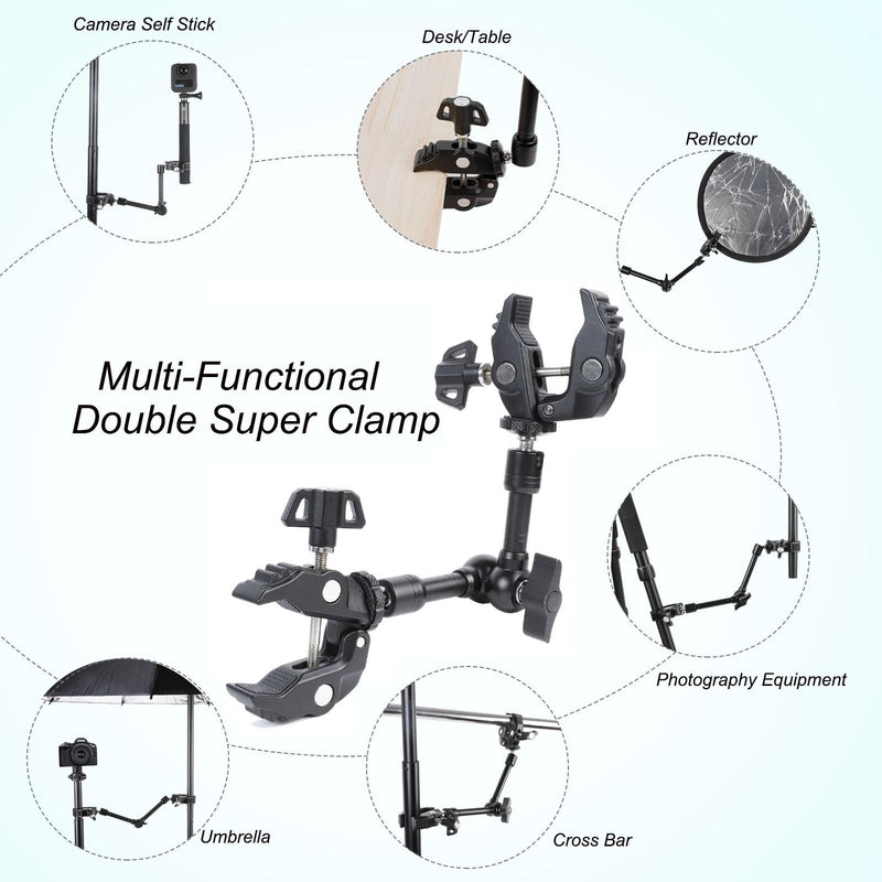 PellKing Magic Arm Clamp Kit, 7‘’ Camera Mount Articulating Friction Arm w 2 Pcs Super Clamp, w 1/4"-20 Screw and Thread Hole, for Umbrella,Camera, Light, Monitor, Webcam or Action Camera 2kg