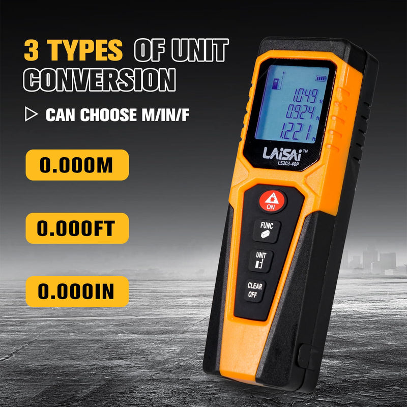 Laser Measure, Laser Distance Measuring Tool, M/in/Ft Unit Switching Backlit LCD and 2 × AAA Batteries, 130 FT Distance Accurate and Fast Measurement Laser:Class IIIA, 0.9mW -1.0MW