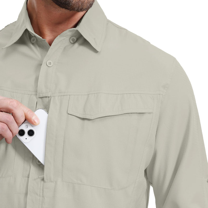 mixtiq Men's Sun Protection Safari Shirts Long Sleeve UPF 50 UV Quick Dry Travel Hiking Fishing Shirts with Zipper X-Large Light Khaki