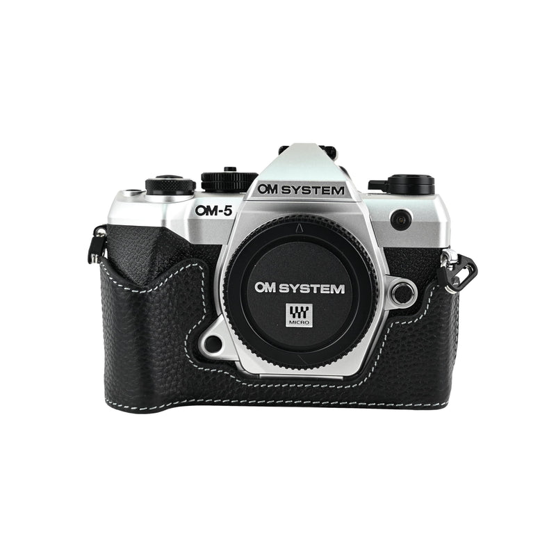 OM-5 Mark II Case, Litchi Handmade Genuine Real Leather Half Camera Case Bag Cover for Olympus System OM-5 Mark II Bottom Opening Version + Neck Strap (Black) Black