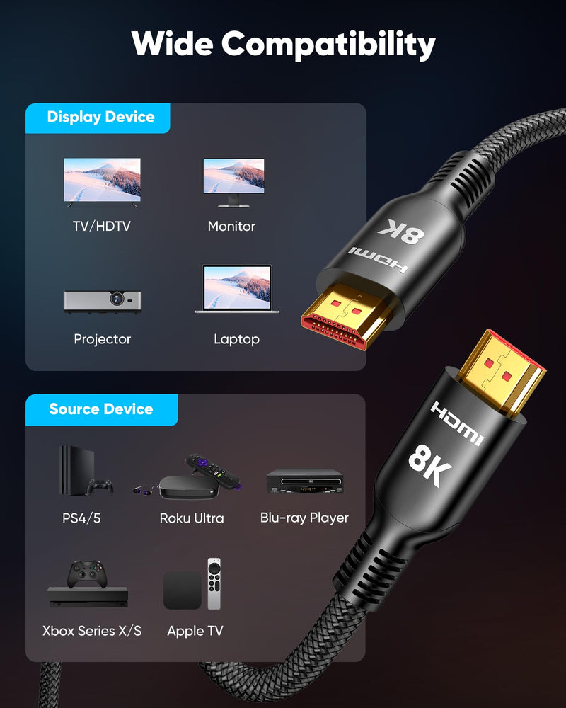 Highwings Long HDMI Cable 30FT, 8K 4K HDMI 2.1 Cord Ultra High Speed[48Gbps 8K@60Hz 4K@120Hz], Heavy Duty, Flexible,Braided, eARC, HDCP 2.2&2.3, HDR 10-Compatible with HDTV,Projector,Monitor and More 30 feet