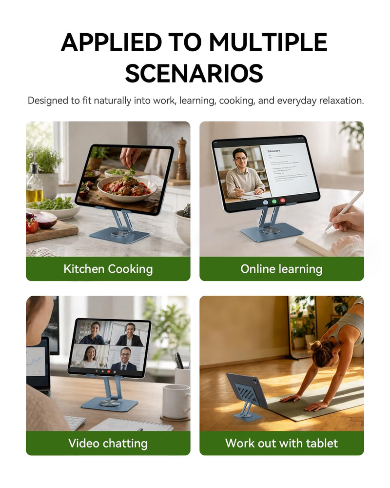 TIGRIS 360° Rotating Tablet Stand for iPad, Foldable Aluminum Desk Stand with Height & Angle Adjustment, Portable Holder for Office, Meetings, Kitchen, Compatible with iPad, Kindle, Surface, Gray