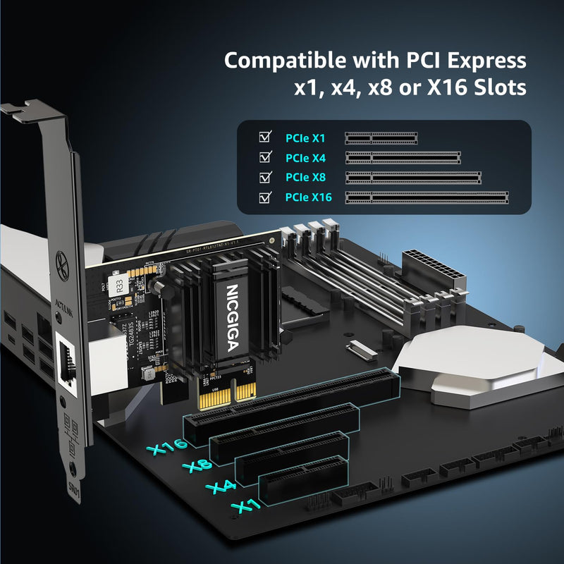 NICGIGA 10Gb PCIe 4.0 x1 Network Card, Realtek RTL8127 Ethernet Adapter. | 10G/5G/2.5G/1G RJ45 Multi-Gigabit LAN NIC, Support Windows 10/11/Server, Linux, NAS, Low Profile Bracket 10G NIC-RTL8127