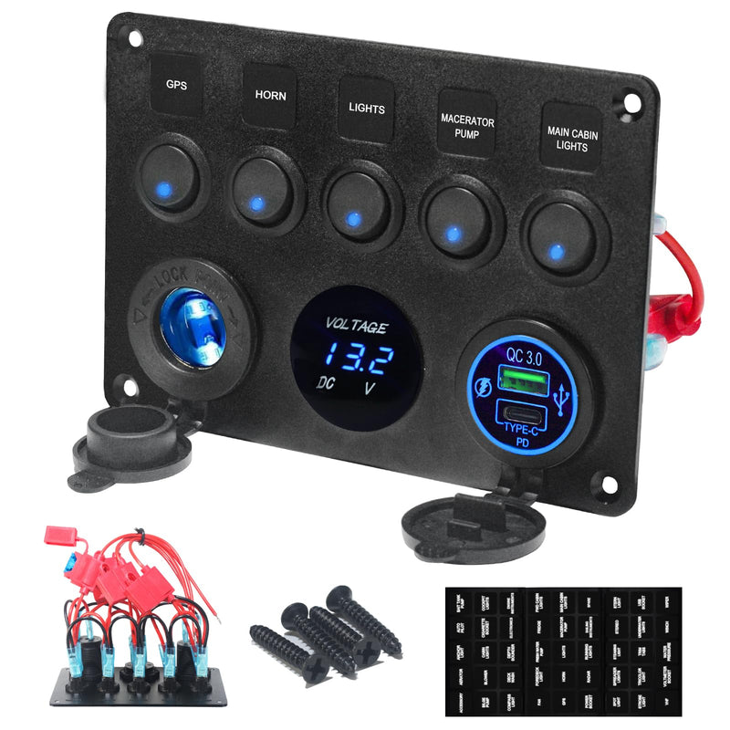 Upgraded 5 Gang Rocker Switch Panel - Type-C/QC 3.0 USB, Digital Volmeter, 12V Outlet, Pre-Wired with Circuit Breakers for RV/Car/Boat/Truck, 2-Year Warranty (Blue) Blue