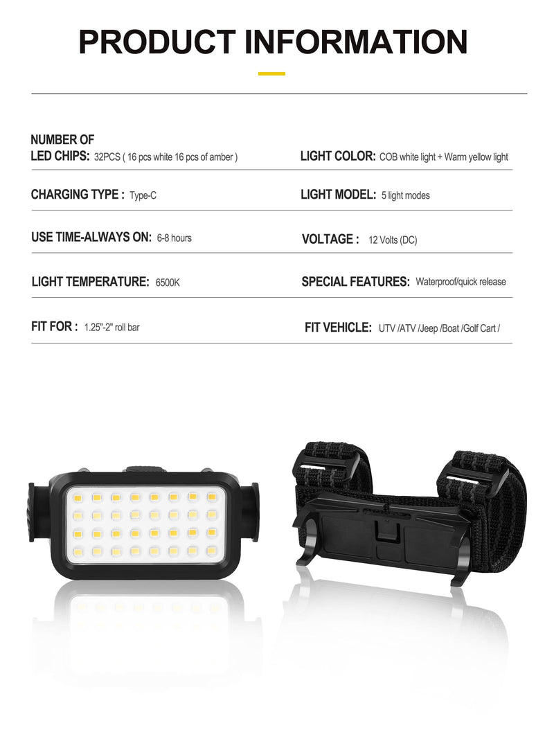 ZIDIYIRUO UTV Dome Light, Rechargeable UTV Interior Light Compatible with Polaris RZR Ranger Can-Am Pionner Talon Kawasaki, 32pcs LED Chips with 5 Kinds Modes for 1.25"-2.0" Roll Bar Mount (1 Pack) 1pc