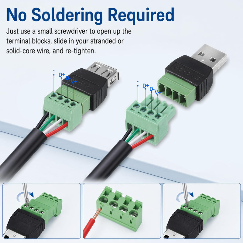 4-Pack Solderless USB 2.0 Type A Male/Female to 4 Pin Screw Terminal Block | DIY Electronics Projects, Repair & Power