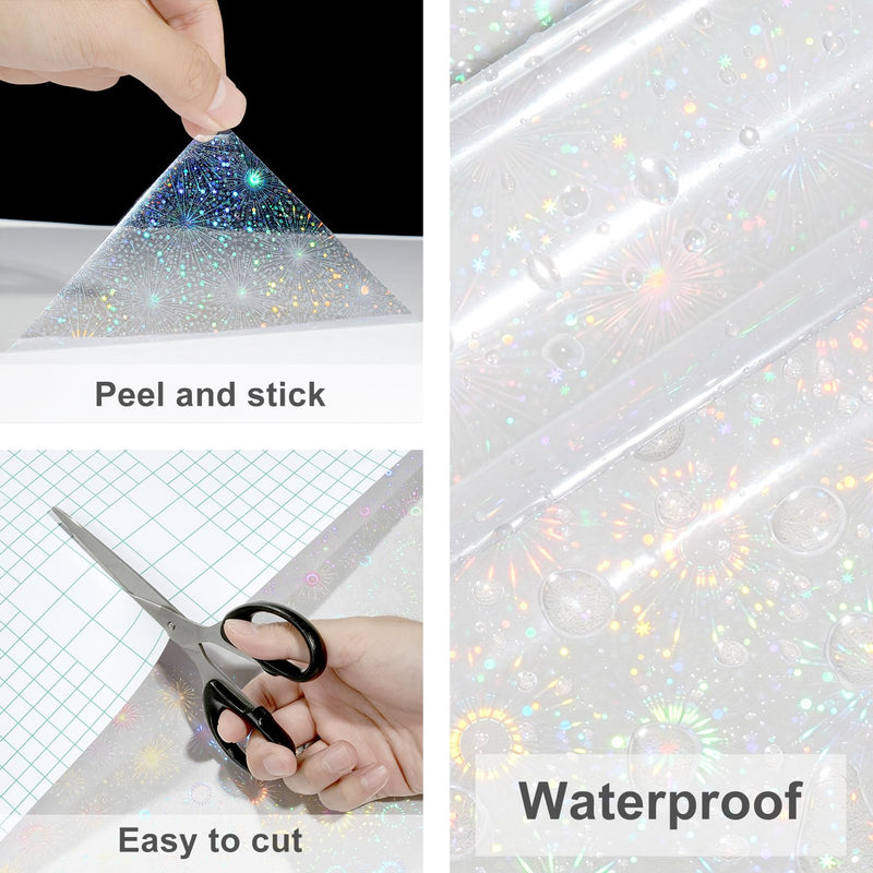 Fireworks Pattern Holographic Sticker Paper Self Adhesive Holographic Window Film Iridescent Clear Contact Paper Transparent Glitter Laminate Sheets Vinyl Film for Book Card DIY Pictures