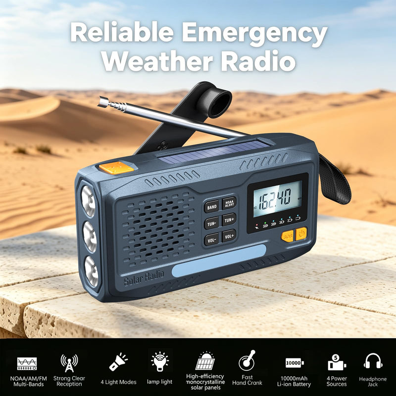 Emergency Weather Radio with NOAA Alert, Hand Crank Solar Radio | 2000mAh Emergency Phone Charger, AM/FM Battery Powered Radio, AA Backup, 3-Mode Flashlight, Reading Lamp, 100dB SOS Alarm Gray