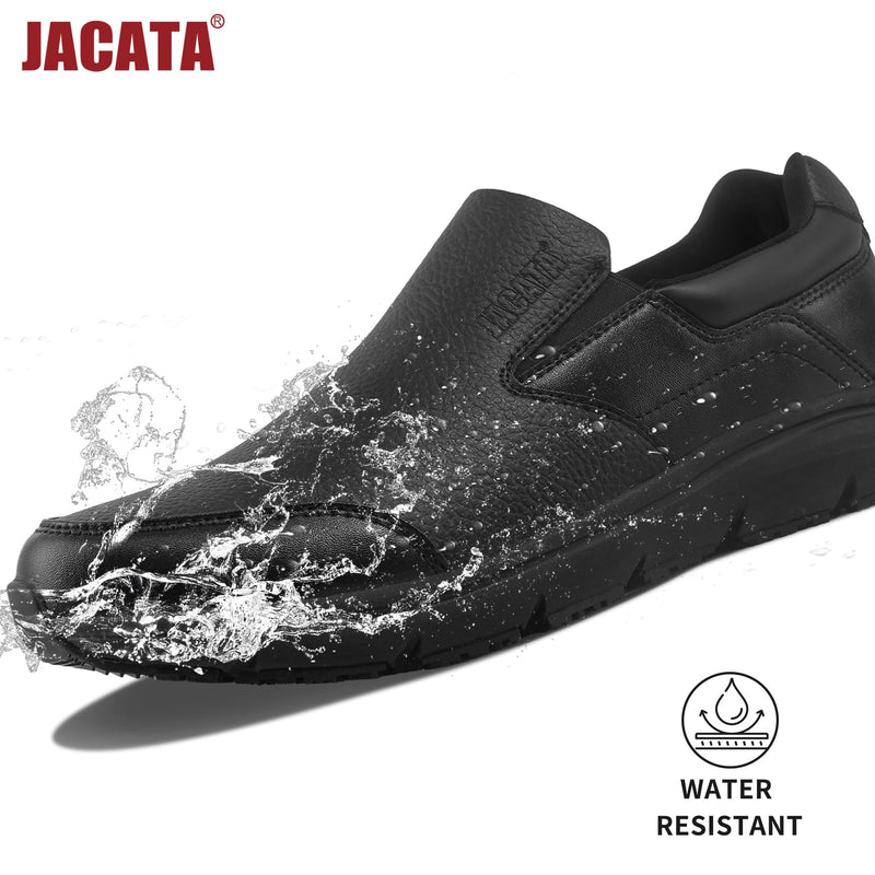 Jacata Non Slip Black Work Shoes for Men Food Service Mens Water Slip Resistant Leather Slip on Chef Walking Shoes for Restaurant Kitchen Sneakers 9