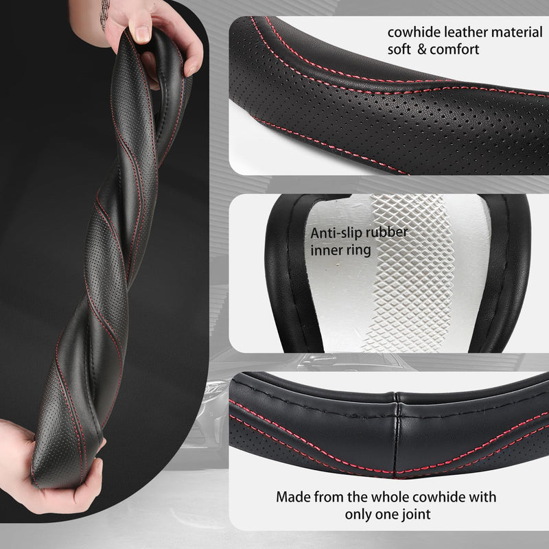 High-Grade Real Cowhide Steering Wheel Cover for Men Women，Black Genuine Leather Steering Wheel Cover for Cars,Universal 14.5-15 inch Steering Wheels Black Leather[14.5"-15"]