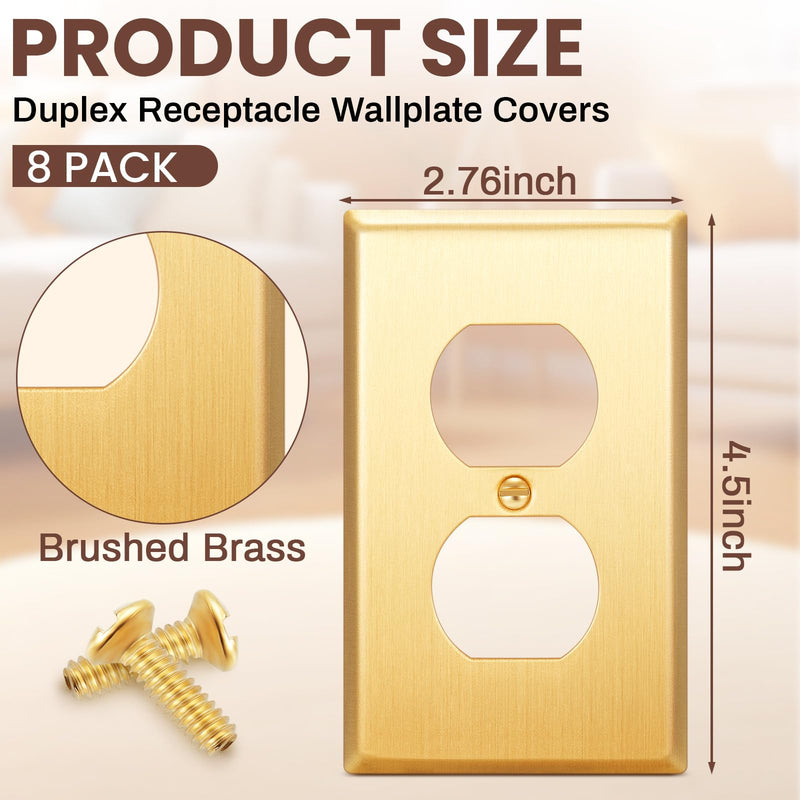 Zonon 8 Pack Gold Outlet Covers 4.50" x 2.76" Duplex Outlet Cover Brass Metal Brushed Decorative Gold Receptacle Wallplate Corrosion Resistant, Standard Size, Brushed Brass