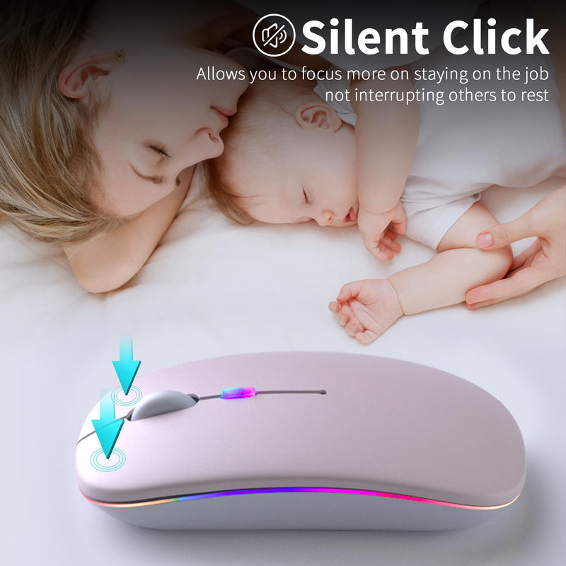 Wireless Bluetooth Mouse, Rechargeable LED Dual Mode Mouse (Bluetooth 5.2 and USB Receiver) Portable Silent Mouse,for Laptop/Desktop/Tablet(Pink) Pink