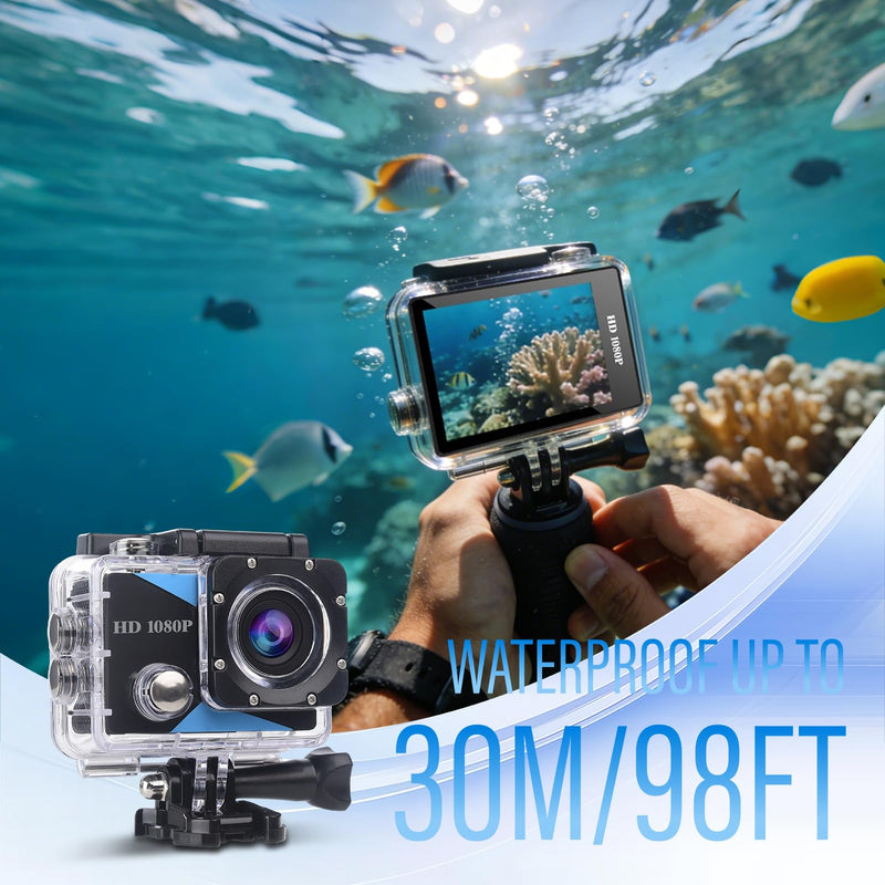 Action Camera 1080P Sports Camera 16GB Memory Card Action Cam 131ft Underwater Waterproof with 2 X Batteries with Accessories Kit Suitable for Helmet, Bicycle, etc. Indigo Black