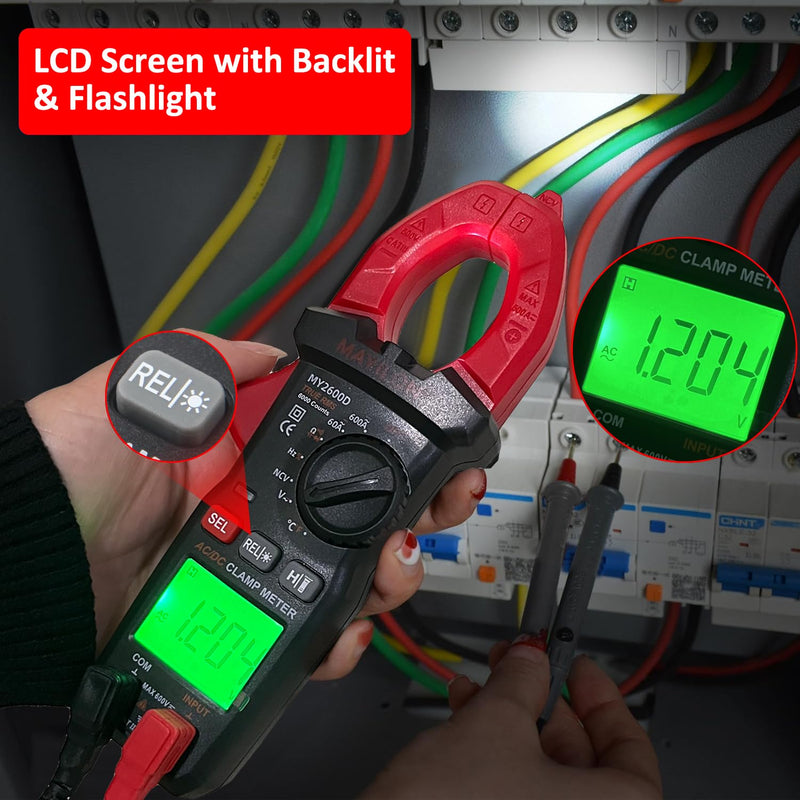 Digital Clamp Meter, Multimeter 6000Counts Volt Meter Auto-ranging Measures AC/DC Amp Clamp, NCV Non Contact Check Function (MAYILON MY2600D) 6000 Counts AC/DC Current