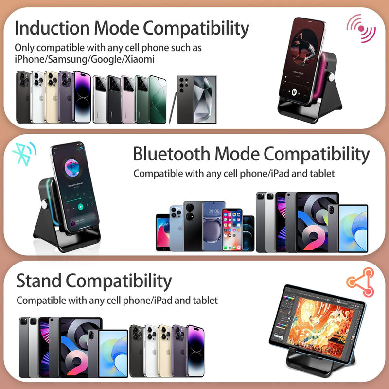 Wireless Induction Speaker 5-in-1 Bluetooth Speaker with Phone Holder, Surround Sound, 3500mAh, 8 RGB Ambient Lights, 360° Adjustable Stand, Holder for iPhone/Android/iPad Gifts for Men Women (Black) Black