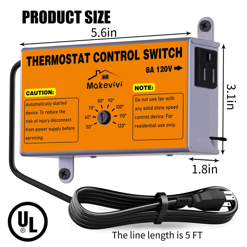 Attic Fan Thermostat-Control, Adjustable Thermostat with Overload Protector, Temperature Controlled Attic Fan, with Socket Easy to Install, Exhaust Fan Temperature Controller for Workshop, Greenhouse [Socket] 5FT