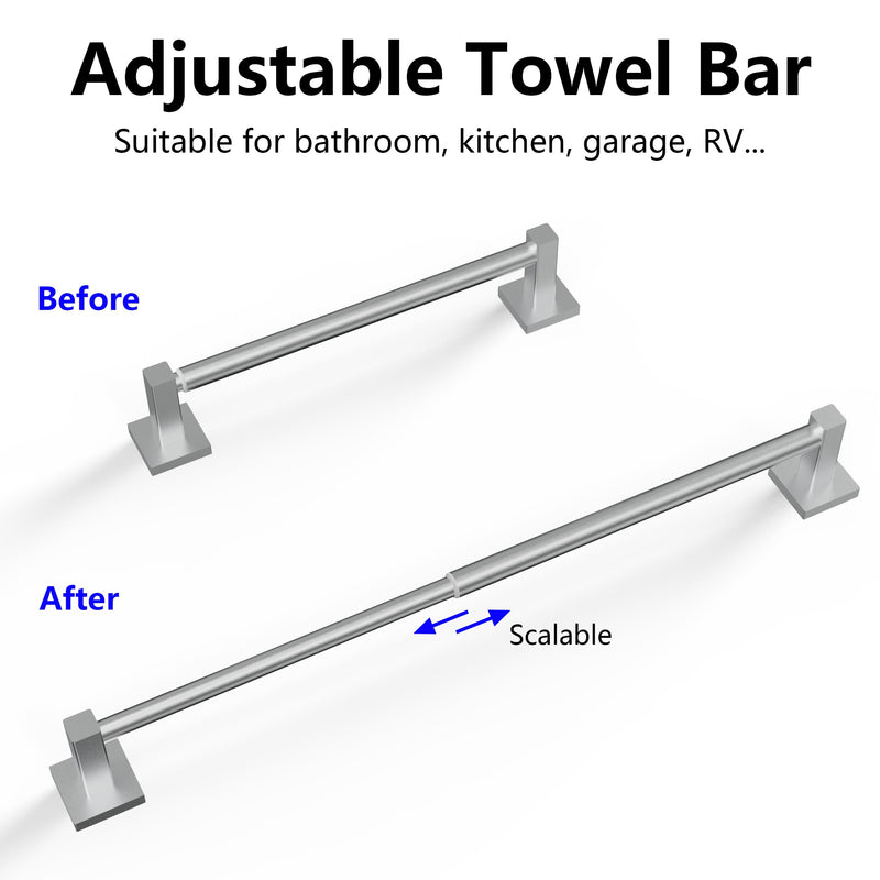 Towel Bar, Adjustable 12.7inch to 23.2inch Wall Mounted Towel Rack for Bathroom, Kitchen, SUS 304 Stainless Steel Towel Rod with Square Base (Brushed Nickel) Brushed Nickel