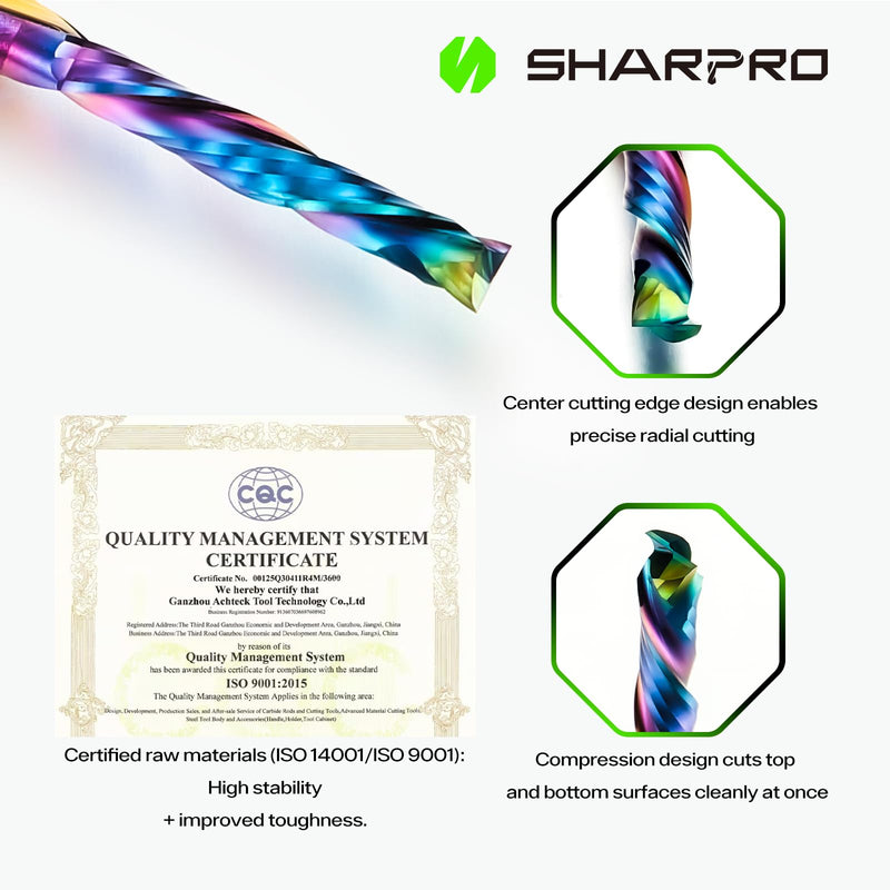 3PCS Compression CNC Router Bit 1/4 Inch Shank and 1/8 Inch Cutting Dia. 3/4 Inch CL. 2-1/2 Inch OVL. Solid Carbide Up&Down CNC Bits for Wood Cutting, Slot Mortise(Coating) 1/8"DIA - 1/4"SHK - 3/4'' CL - 2-1/2'' OVL(Coated)