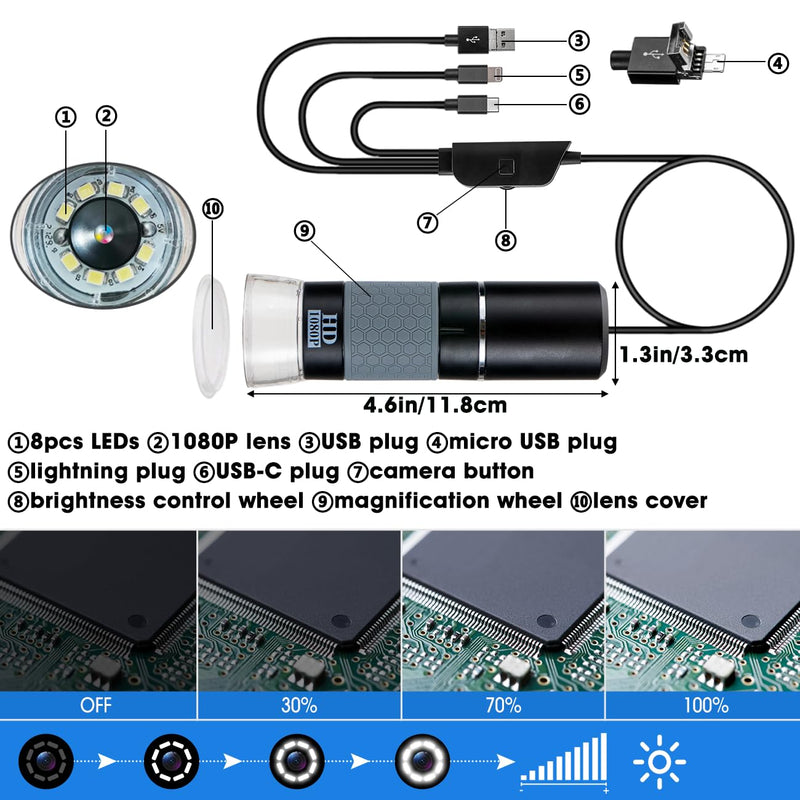Jiusion 1080P USB Digital Handheld Microscope, 50 to 1000x Magnification Endoscope Full HD 1920x1080P Camera 8 LEDs with Metal Stand for iPhone iPad Android Mac Windows Linux Chrome Black/Grey
