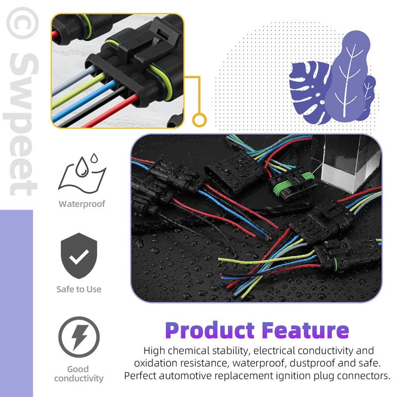 Swpeet 36Pcs 1Pin Male & Female Pin Waterproof Automotive Electrical Wire Connectors Terminals Plug with Rubber Cable Seal Assortment Kit, 22-14AWG Wire Harness Spark Plug Terminals Plug 1 Pin Way