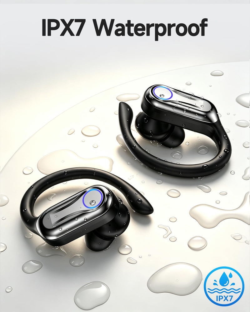 Wireless Earbuds, Bluetooth Headphones 6.1, 90H Playtime Ear Buds with Hooks for Sports, Dual LED Display Earphones IPX7 Waterproof for Gym/Runing/Workout deep black