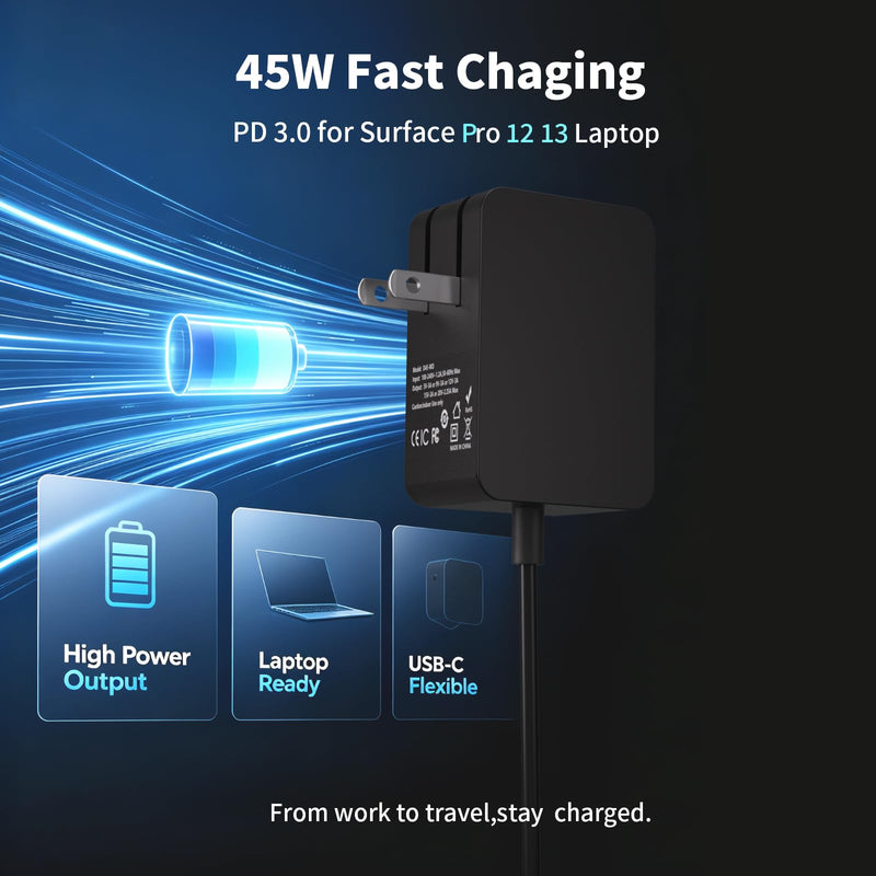 45W Surface Pro Charger USB C Compatible with Microsoft Surface Pro (2026) 13-inch/Surface Pro 12 2-in-1 Laptop/Tablet (2025) Surface 45W USB-C Universal Black AC Indoor Adapter