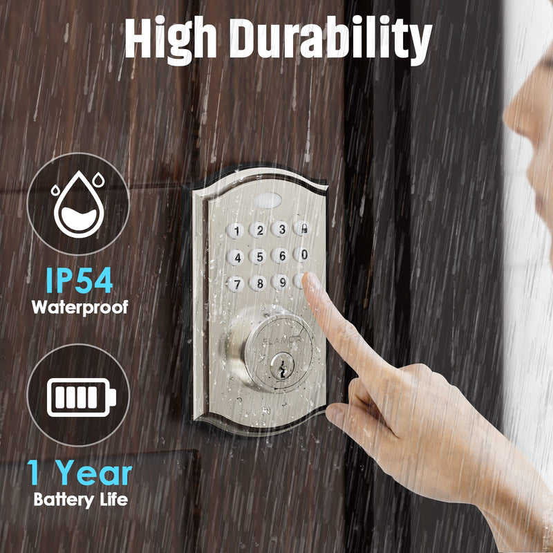 Keyless Entry Door Lock - Electronic Door Lock with Keypad, Smart Deadbolt Lock with Auto Lock, Security Waterproof Smart Lock, Easy to Install, Ideal for Front Door, Home Use, Apartment - ELAMOR M19 Sand Nickel