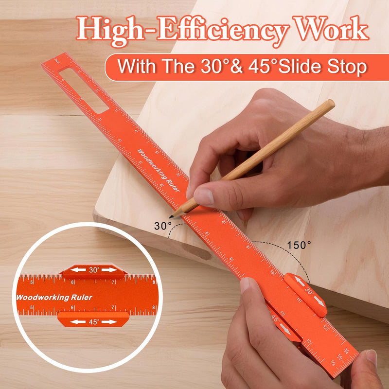 Woodworking Ruler Set 3PCS(6/8/12-Inch) - Precision Aluminum Pocket Rulers with Dual Inch & Metric Scales | T-Type Scribing & Square Edge for Marking